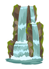 Cartoon river cascade waterfall. Landscape with mountains and trees. Design element for travel brochure or illustration mobile game. Fresh natural water