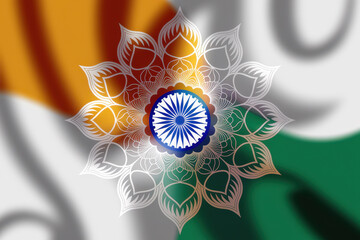Intricate mandala with indian flag colors and emblem on abstract background