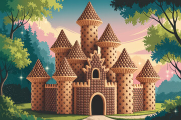 Whimsical fantasy castle landscape at sunset with enchanting forest surroundings