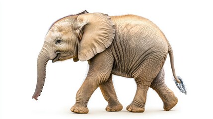 Obraz premium A charming young Asian elephant calf walks gracefully on a pristine white background showcasing its delicate features and adorable gait in a side profile view perfect for various