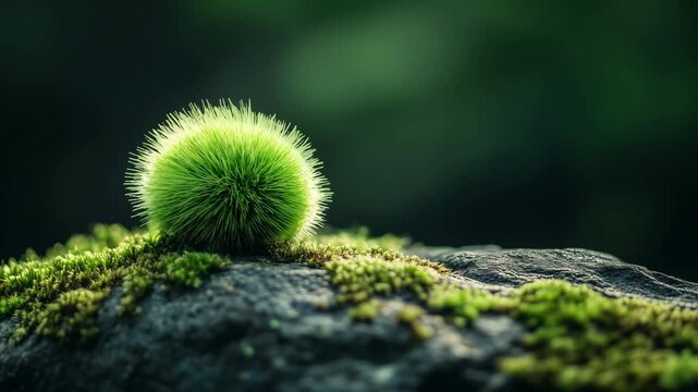 A spiky green burr sits upon a rock covered in patches of vibrant green moss, found in a forest setting during the daytime