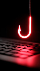 Glowing red fishing hook above keyboard symbolizing phishing cyber attack threat
