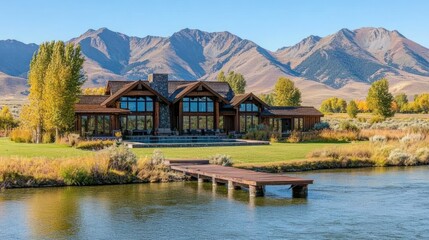 Luxurious log home on a secluded riverbank, autumnal mountains in the background