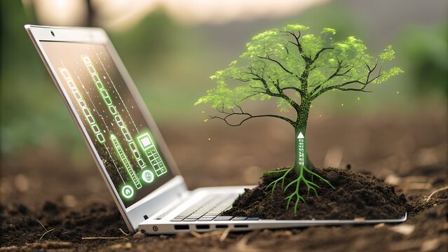 Stylized Binary Code Tree with Laptop