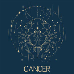 Cancer zodiac sign vector line drawn illustration, horoscope character, stars, constellation and celestial elements in line art style