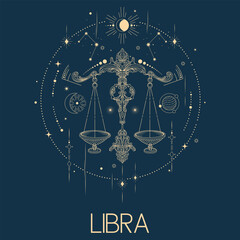 Libra zodiac sign vector line drawn illustration, horoscope character, stars, constellation and celestial elements in line art style