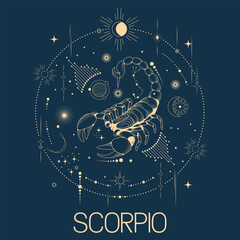 Scorpio zodiac sign vector line drawn illustration, horoscope character, stars, constellation and celestial elements in line art style