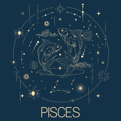Pisces zodiac sign vector line drawn illustration, horoscope character, stars, constellation and celestial elements in line art style