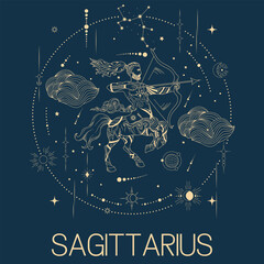 Sagittarius zodiac sign vector line drawn illustration, horoscope character, stars, constellation and celestial elements in line art style