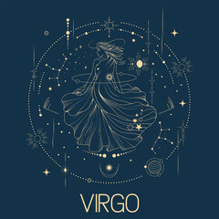 Virgo zodiac sign vector line drawn illustration, horoscope character, stars, constellation and celestial elements in line art style