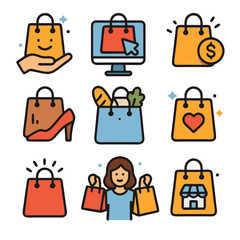 Shopping bag icons with nine colorful bags filled with diverse items. Perfect for retail, ecommerce, shopping, consumer products, websites, and apps.