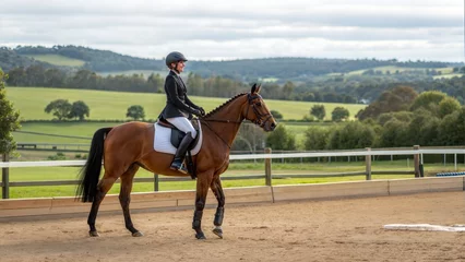 Fototapete Rund Rider sitting on bay horse in saddle, equestrian scene © DND