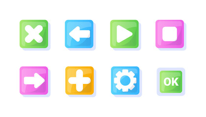 Game UI button. Mobile application or game interface element. Cartoon colorful design. Sticker or label for user interface