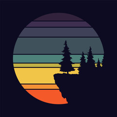 Retro sunset logo in striped style. Circle colored vintage pictures for badges. Tourism or traveling concept, adventure logotype. Cartoon vector illustration