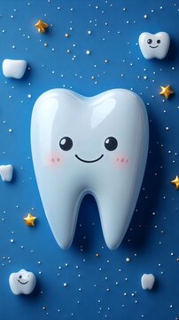 Smiling cartoon tooth with stars creating a cheerful, happy scene.