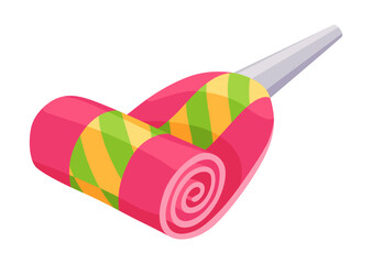 Party blower or noise maker icon. Rolled sound, celebration concept. Flat design of party horn sticker. Vector cartoon illustration