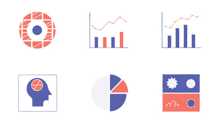 A collection of six stylized data visualization icons on a white background in a flat design style