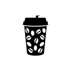 Black and white coffee cup with coffee bean pattern illustration on white background , no background