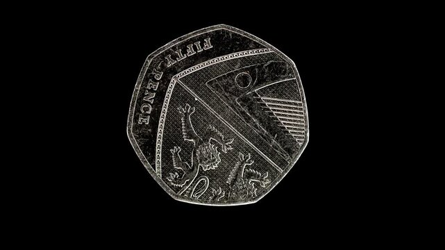 United Kingdom 50 pence 2015 reverse with Royal Shield of Arms, macro loop on black background