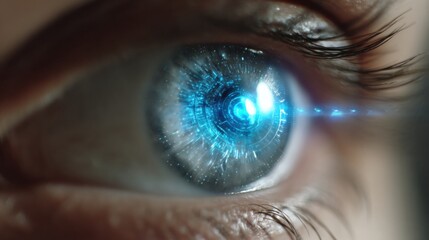 Close-up View of a Human Iris Illuminated With a Futuristic Overlay and Vast Empty Space on the Left Side