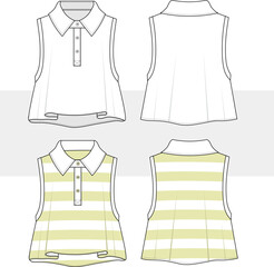 Women's and girl polo neck striped top, tank top technical fashion sketch design illustration. front and back view. Cad, mockup set.