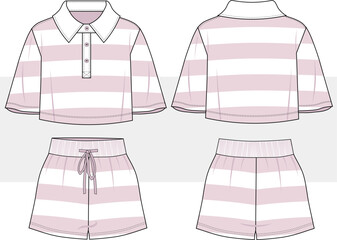 Women's and girl polo neck striped crop top t shirt and short set vector, home wear, pajama, sport wear illustration fashion design. Lounge Wear Set Fashion Flat Templates, cad, mockup.