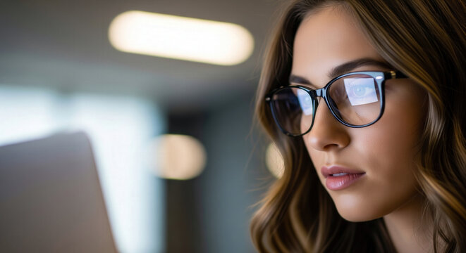 Close-up of a young woman wearing glasses, deeply focused on her laptop screen with digital reflections in her lenses in a modern workspace. - Powered by Adobe