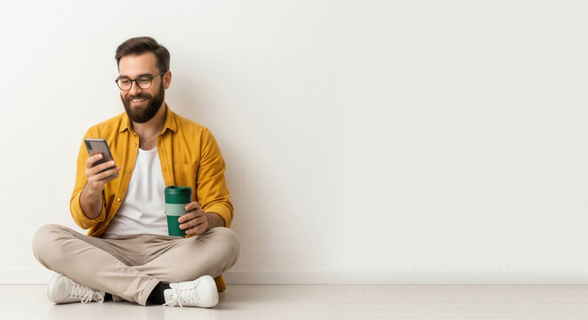 Cheerful young man in casual clothes sitting on the floor, holding takeaway coffee and using smartphone against white background.