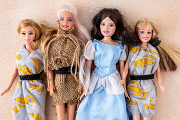 Group of Vintage Fashion Dolls. Play girl friends. Old doll. Homemade dress