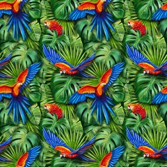 Tropical Parrot and Exotic Flowers Seamless Pattern. Bright seamless tropical pattern with parrot, lotus, protea, strelitzia, and palm leaves. Perfect for textile, packaging, branding, summer produkt