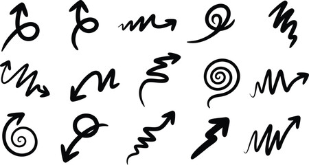 Collection of hand drawn black arrows in various styles illustrating direction and movement on white background