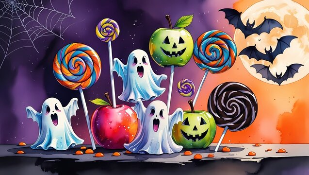 Dive into a wonderfully spooky world with this vibrantly colored Halloween watercolor illustration, featuring an array of delightful treats, bats and friendly ghosts set against a captivating backdrop