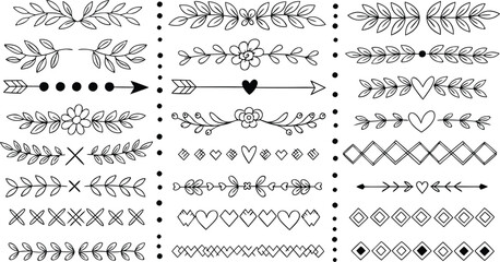 Collection of hand drawn decorative floral elements including arrows hearts and geometric borders in black and white