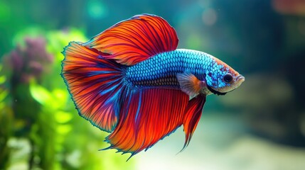 Obraz premium Vibrant betta fish with elaborate fins, showcasing vibrant colors against a blurred background of aquatic plants