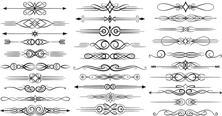 Elegant collection of decorative vector dividers in black and white designs with swirls and arrows for creative projects.
