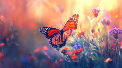 A monarch butterfly rests amidst vibrant wildflowers bathed in warm sunlight