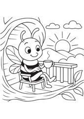 Coloring book termite with a wide smile and wings is sitting on a chair, holding a teacup, and looking out over a railing at a sunrise over mountains,