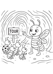 Fototapeta premium Coloring book termite with wings is pointing towards a 