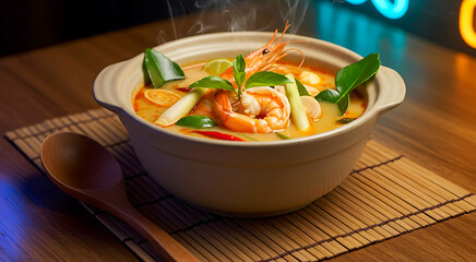 Thailand spicy tom yum soup in a ceramic bowl, prawns, lemongrass, kaffir lime leaves, Thai basil 