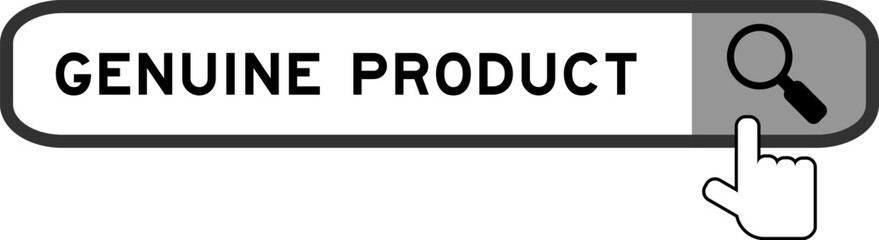 Search banner in word genuine product with hand over magnifier icon on white background