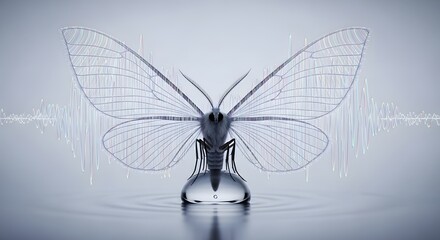 Intricate Insect Symphony: A stunning digitally rendered image depicts a beautiful insect with translucent wings,perched delicately atop a water droplet.