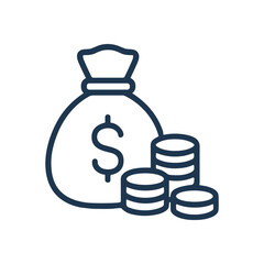 Bag of money with coin stacks. Icon symbol illustration