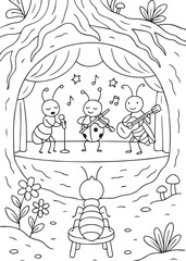 Coloring book three happy insects performing on a stage set within a tree trunk