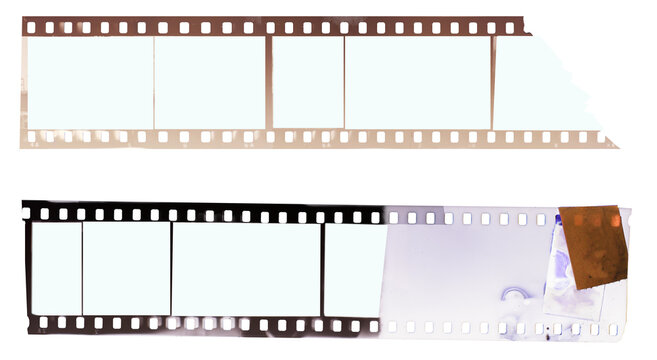 Jammed vintage 35 mm camera film strip,empty frames for pictures,flat lay. Comeback of analog film photography concept, isolated on white.free copy space