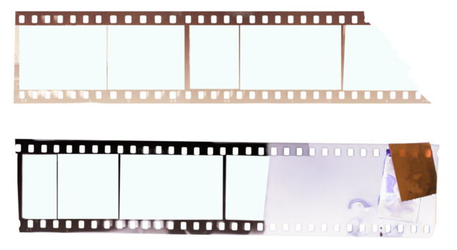 Jammed vintage 35 mm camera film strip,empty frames for pictures,flat lay. Comeback of analog film photography concept, isolated on white.free copy space