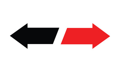Minimalist image featuring a bold black arrow pointing left and a vivid red arrow pointing right, symbolizing opposite directions, choices, or navigation. Ideal for infographic or web design.