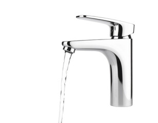 Modern chrome faucet with a single lever, dispensing a steady stream of water.