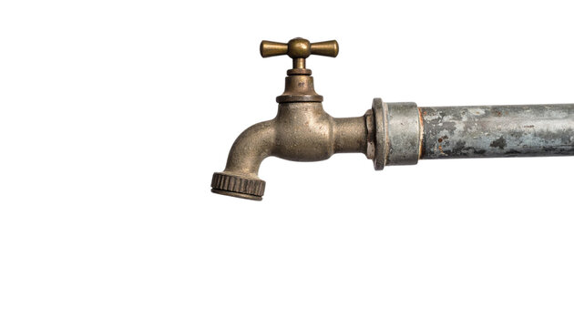 An old, weathered brass water faucet attached to a rusty metal pipe with a black background.
