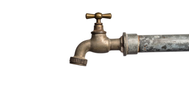 An old, weathered brass water faucet attached to a rusty metal pipe with a black background.