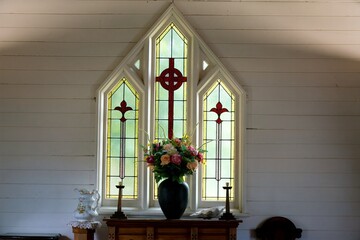 Altar Inside an Old Wooden Church Interior